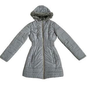 Calvin Klein Puffer Long Jacket Coat Girls Size L 12-14 Grey Faux Fur Trim Hood